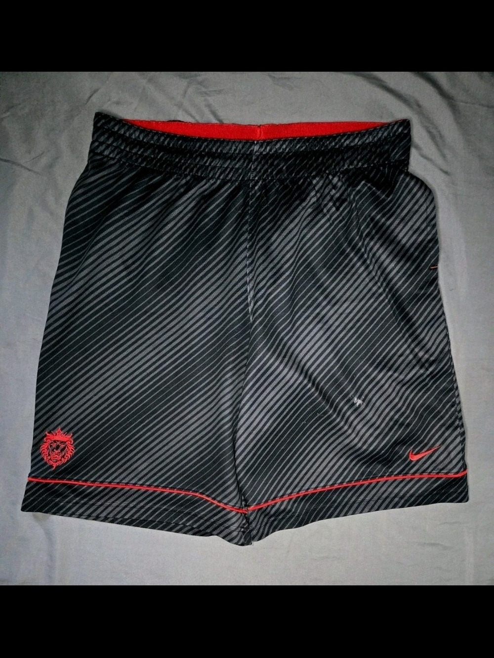 Nike Basketball Shorts Mens XL Black Gray Striped Red Crest Athletic w/ Pockets